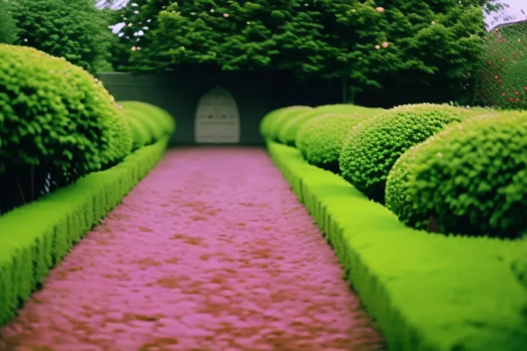 A serene and lush garden with a grand entrance leading to a white-walled building with red-tiled roofing, situated on a gentle slope.