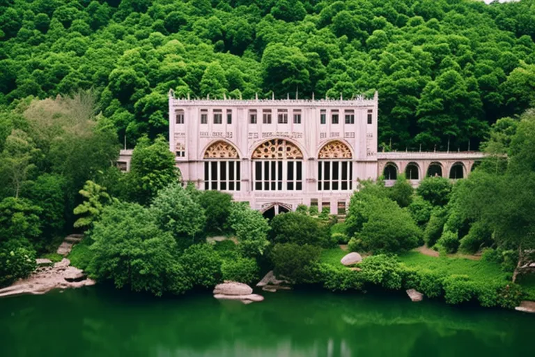 A stunning architectural wonder, with curved walls and intricate details, surrounded by lush greenery and a peaceful river.