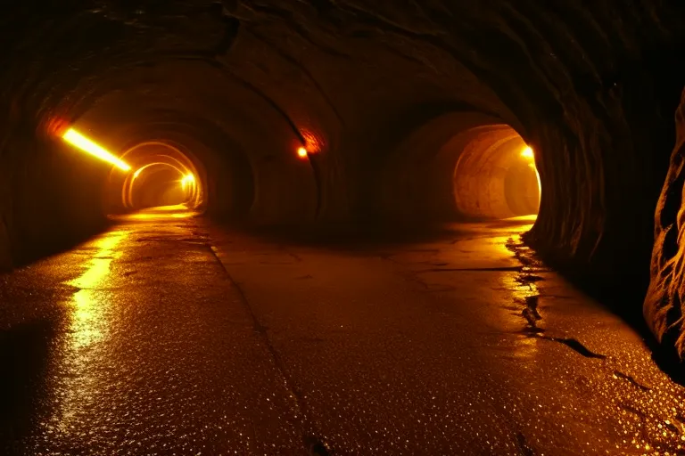 A photo of an underground network of tunnels and chambers, illuminated by dim lights, with shadows and reflections creating a sense of mystery and intrigue.
