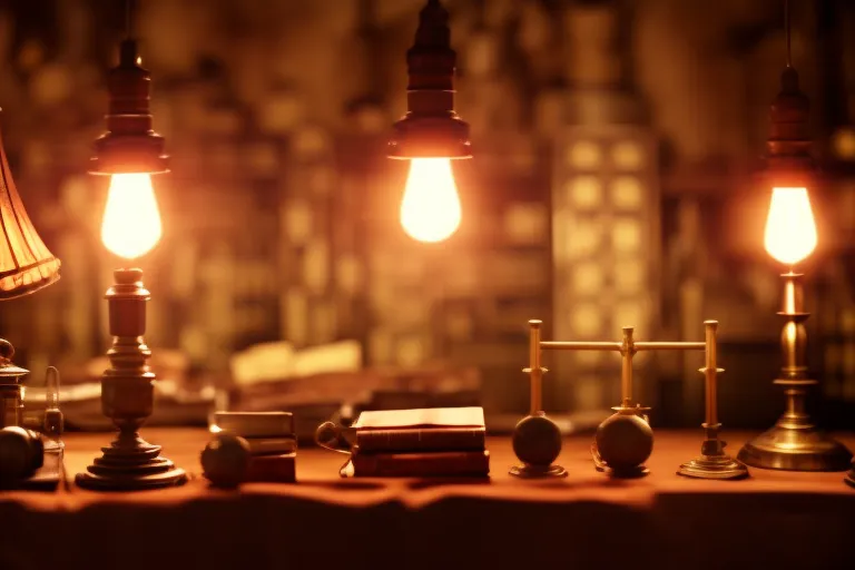 A dimly lit room with shelves full of vintage objects. The items range from faded books to rusty lamps and antique cameras. The only source of light is a soft glow coming from an old chandelier.