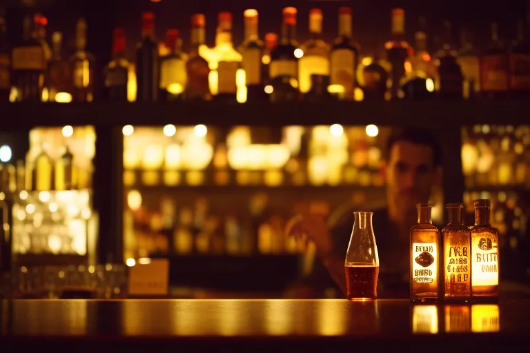 A moody, dimly lit bar with a glowing sign and a chalkboard menu featuring unique and local ingredients.