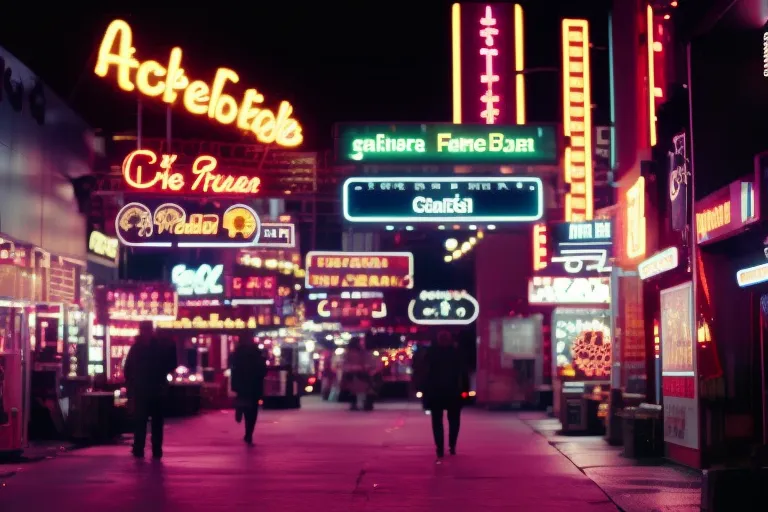A colorful street filled with neon lights and vibrant signs, beckoning visitors to come and explore the lively nightlife scene.