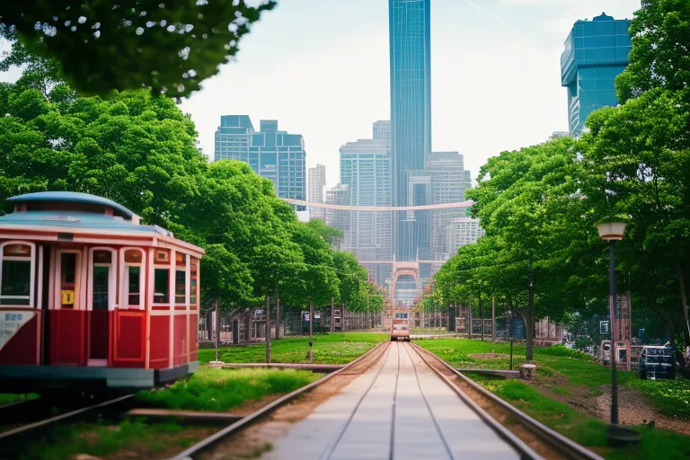 A vibrant cityscape featuring colorful buildings and lush greenery, with a cable car in the distance and a zoo animal peeking out from behind a tree.