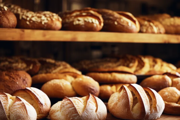 A rustic bakery display featuring an assortment of Georgian bread, with varying shapes, sizes, and toppings. The bread is arranged on wooden shelves and baskets, with a traditional oven in the background.