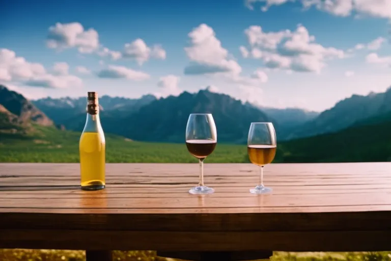 A rustic wooden table with a bottle of clear liquid and glasses, surrounded by vineyards and mountains in the background.