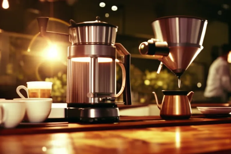 A warm and inviting coffee scene with a variety of brewing equipment, including French presses and pour-over stations, surrounded by lush greenery and natural elements.