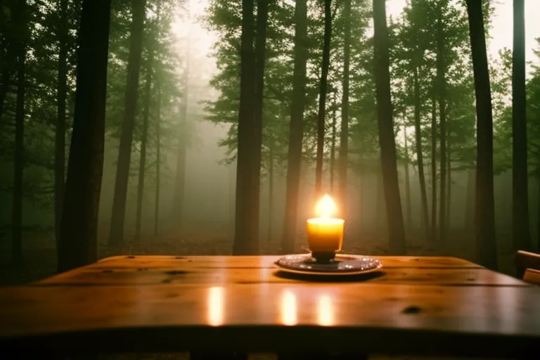 A misty forest clearing with a wooden table covered in traditional Georgian dishes and a candle-lit chandelier hanging from the trees.