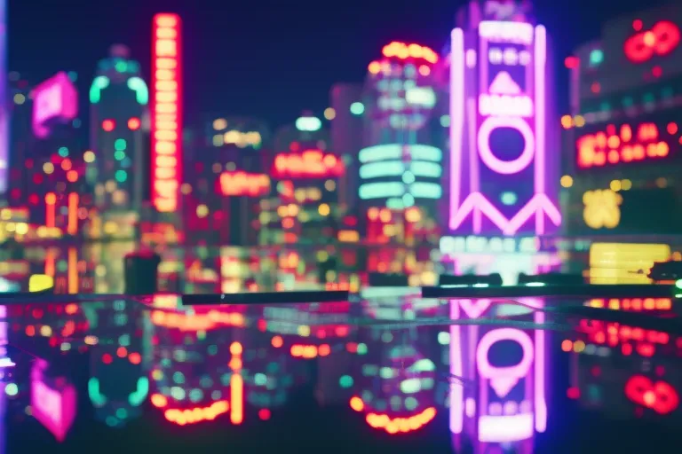 A cityscape with neon-colored buildings and signs, reflecting the vibrant and innovative gaming industry in an urban setting.