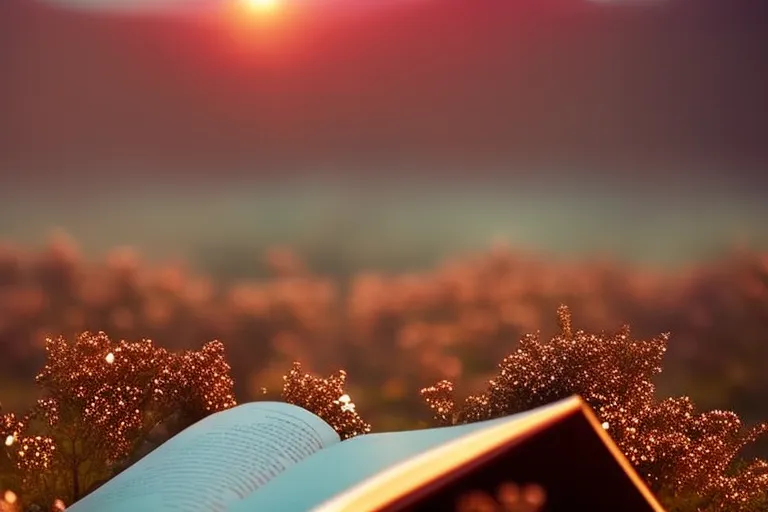 A photo of an open book surrounded by a misty, dream-like landscape with soft, glowing colors.