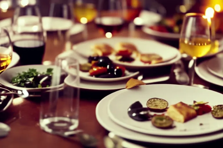 A table filled with colorful plates of food, surrounded by glasses of different shapes and sizes, with bottles of wine in the background.