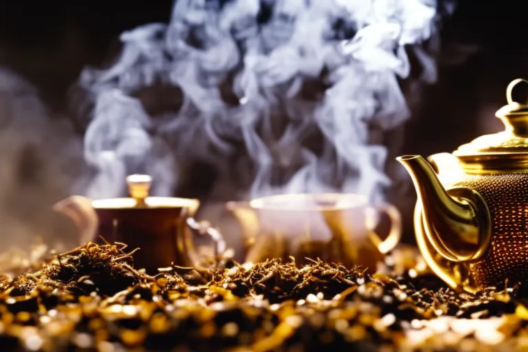 A photo of a steaming teapot with a patterned cloth underneath, surrounded by various tea leaves and herbs in glass jars.