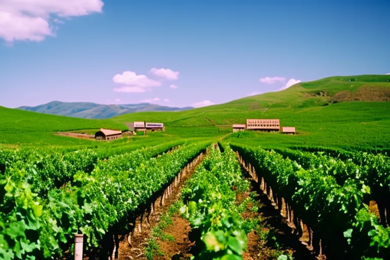 A rustic winery nestled among rolling hills, with rows of grapevines stretching into the distance under a bright blue sky.