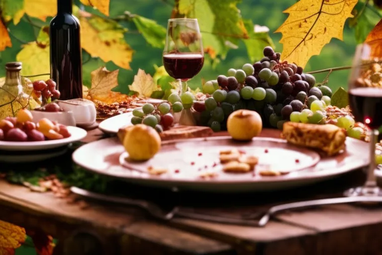 A table set with traditional Georgian dishes and a bottle of Saperavi wine, surrounded by vines and grape leaves in autumn colors.