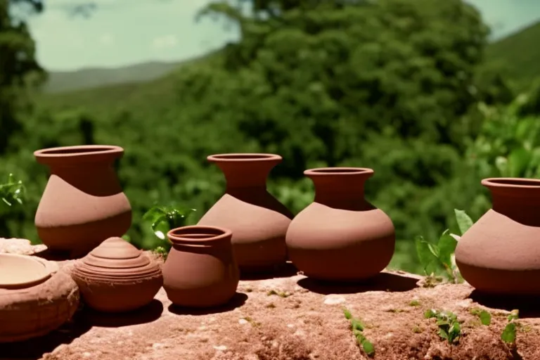 A rustic scene showcasing traditional clay vessels used in winemaking, surrounded by lush greenery and a backdrop of rolling hills.