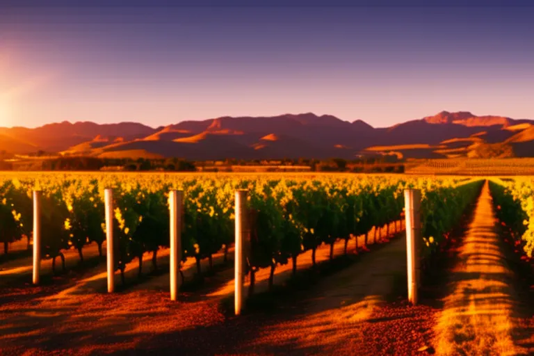 A vineyard at sunset, with rows of grapevines stretching towards the distant mountains. The warm glow of the sun sets the scene for a perfect evening of wine tasting and relaxation.