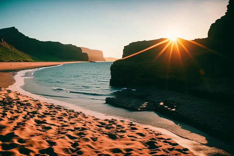 A sandy shoreline with crystal clear water, surrounded by lush greenery and towering cliffs in the background. The sun sets in the distance, casting a warm, orange glow over the scene.