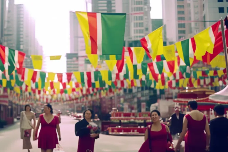 A colorful display of flags and decorations adorning a lively street filled with food stalls and art installations.