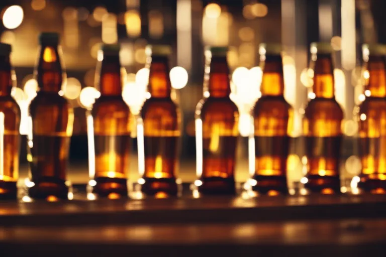 A photo of various beer bottles and glasses arranged on a rustic wooden table, with a blurred background of dimly lit brewery equipment.