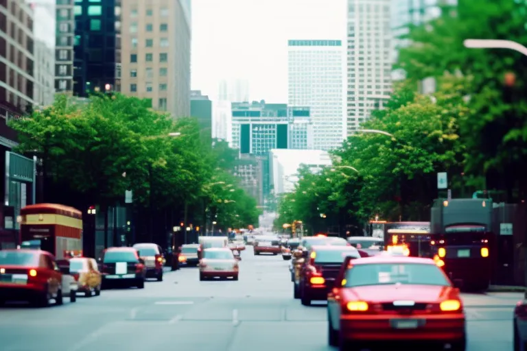 A vibrant, bustling street scene with various modes of transportation in motion, surrounded by colorful buildings and foliage.