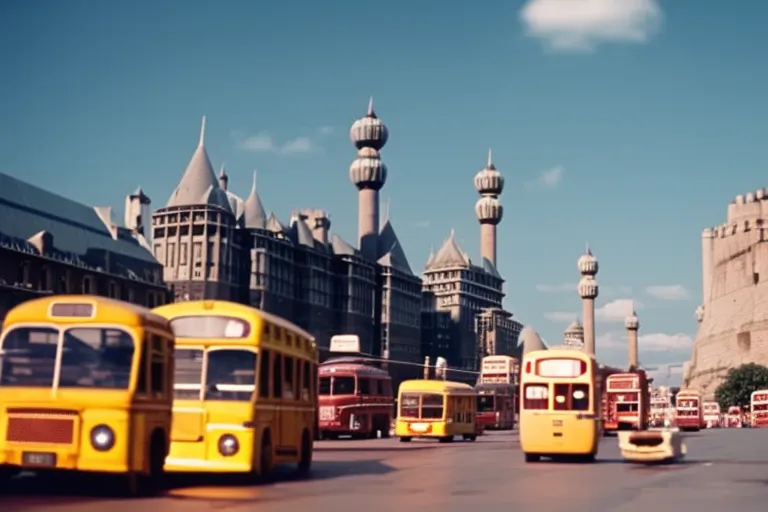 A bustling city street with colorful buses, taxis, and markets in the foreground, leading up to a towering historic fortress in the distance.