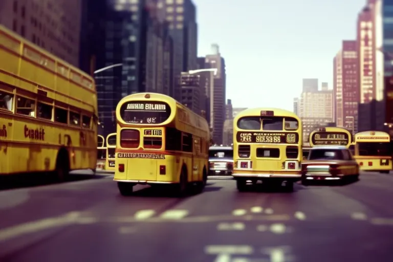 A vibrant photo of a colorful public transportation system, featuring buses and minibusses with distinct markings, navigating through a bustling cityscape.