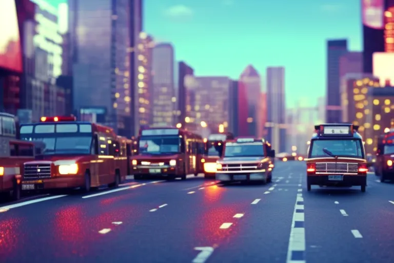 A bustling city street with a mix of transportation modes - buses, bikes, and taxis - weaving through a colorful and vibrant urban landscape.