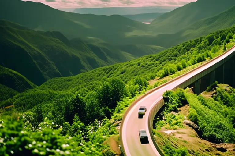 A winding road through a scenic landscape, with various modes of transportation visible in the distance.