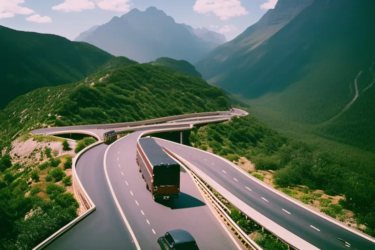 A winding road through a scenic landscape with multiple transportation options parked on the side.