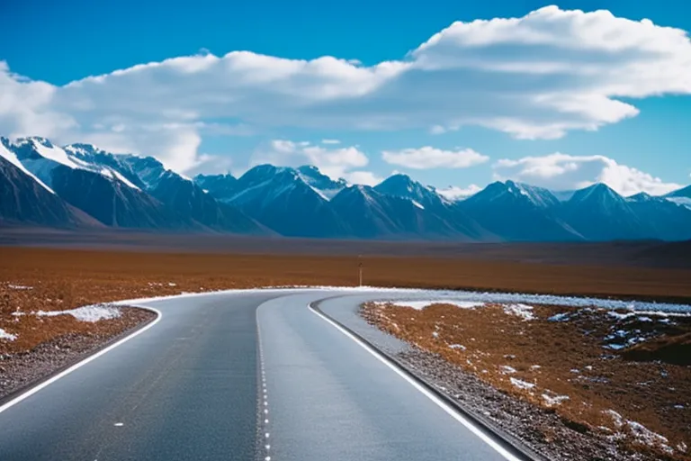 A winding road leading through a snowy landscape with mountains in the background.