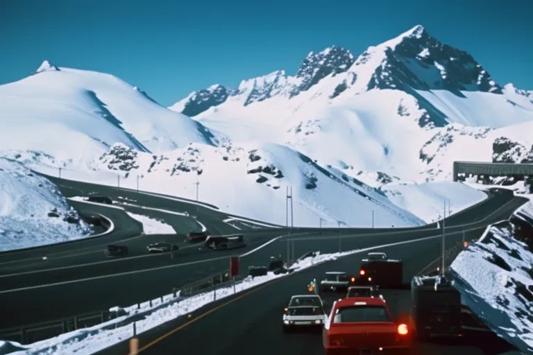 A snowy mountain pass with various transportation options parked or moving along the road.