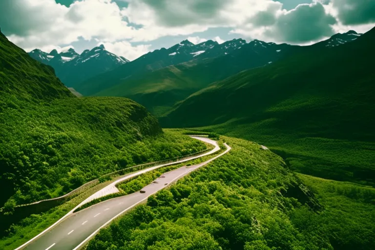 A winding road through a mountainous landscape, with lush greenery on either side, leading towards a distant, snow-capped peak.
