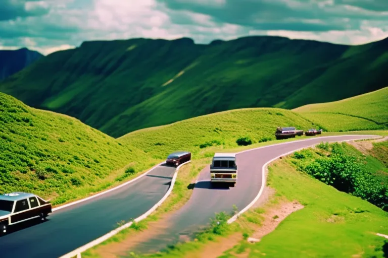 A winding road through a hilly landscape with a colorful array of different modes of transportation on the side of the road.