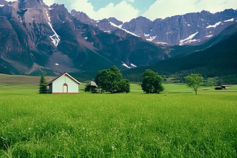 A serene countryside landscape with a traditional house in the foreground and mountains in the background.