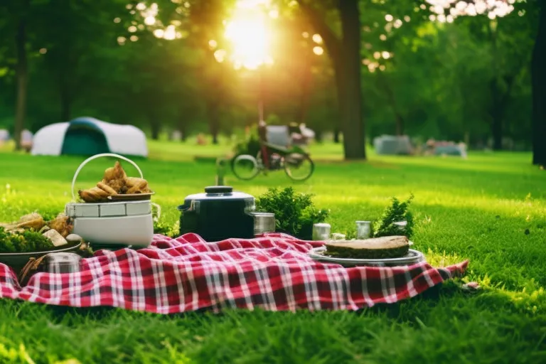 A serene photo of a lush green park with a colorful picnic blanket spread out on the grass, surrounded by a basket of food, a thermos, and a book.