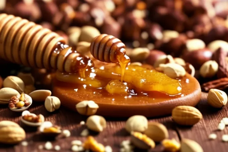 A wooden cutting board with honey drizzled over it, surrounded by a variety of colorful nuts and spices.