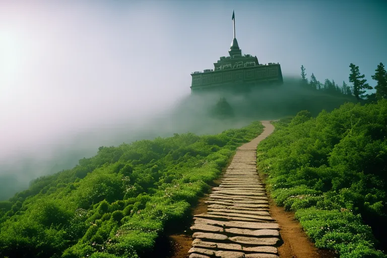 A misty mountain trail leading towards a majestic building atop a hill.
