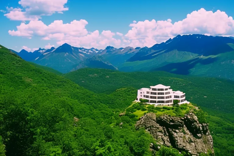 A hilltop with a historic building overlooking a mountain range, surrounded by trees and greenery. The sky is clear blue with a few clouds.