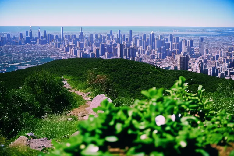 A scenic hike through a mountain trail, capturing the beauty of a city's skyline with a backdrop of a clear blue sky and greenery.