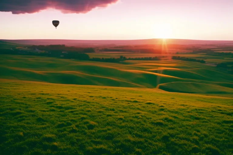 A hot air balloon floats over a vast landscape of rolling hills and fields, with a colorful sunrise in the background.