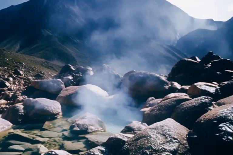 A misty, mountainous landscape with a natural hot spring in the foreground, steaming and surrounded by rocks and greenery.