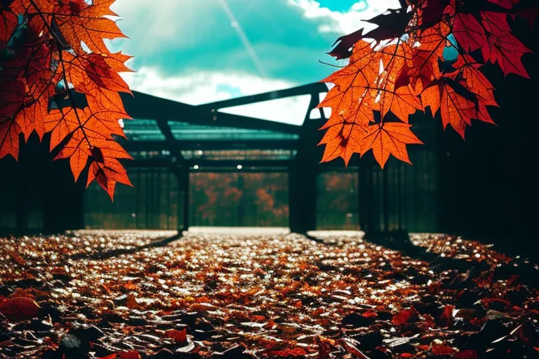 A photo of vibrant autumn leaves against a backdrop of geometric shapes and lines, showcasing the contrast between nature and man-made structures.