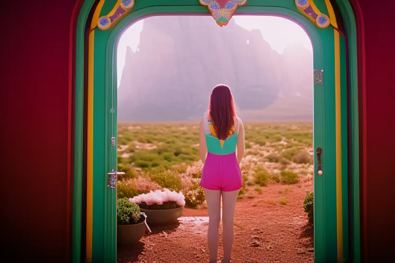 A colorful doorway in a whimsical, dreamlike setting.