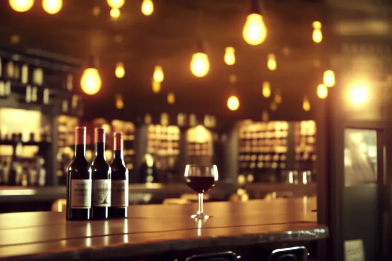 A dimly lit wine bar with rustic wooden tables and shelves filled with wine bottles. A prominent chalkboard displays the day's specials.