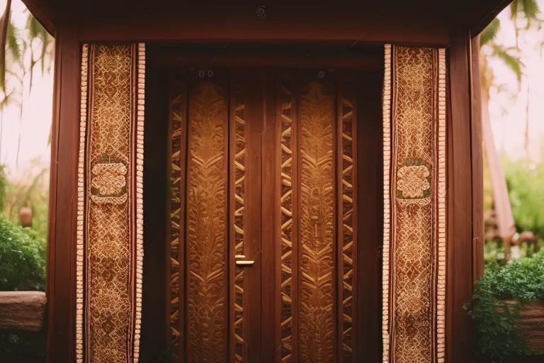 A photo of a wooden door with intricate carvings and colorful textiles draped over it, surrounded by lush greenery.