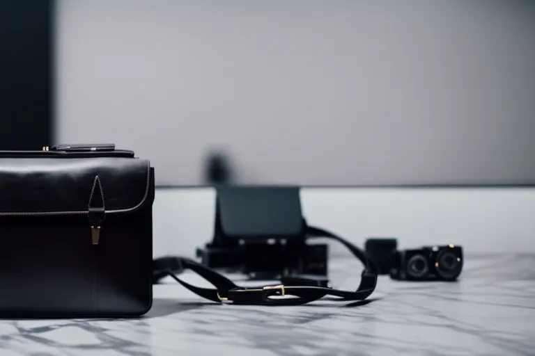 A minimalist photo of a dark suit jacket and a black briefcase placed on a modern, marble-textured desk.