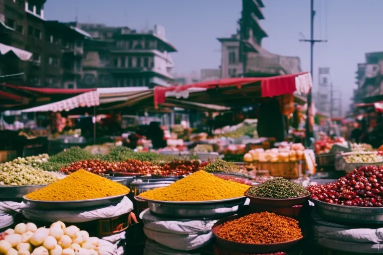 A colorful street market with fruits, vegetables, and spices piled high on tables.