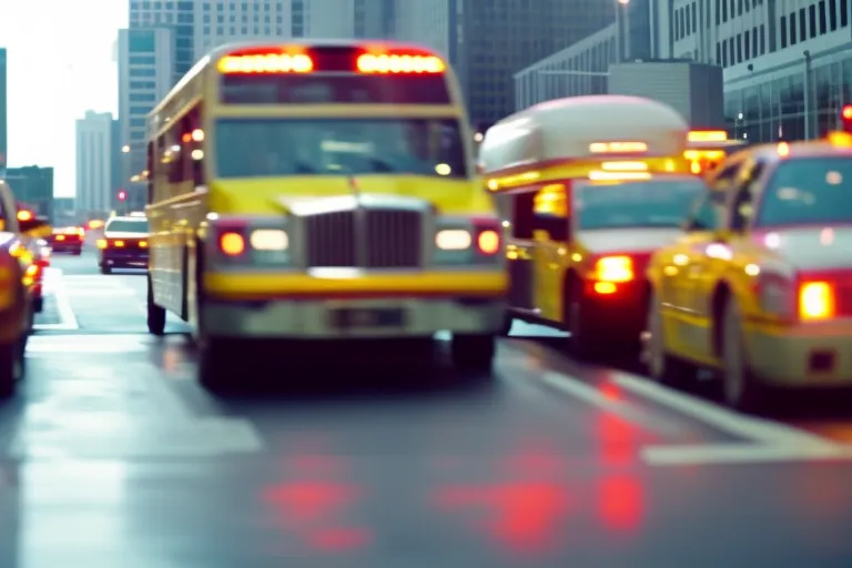 A bustling city street with various modes of transportation, including buses, bicycles, and taxis, moving in different directions. The focus is on the movement and energy of the city's transportation options.
