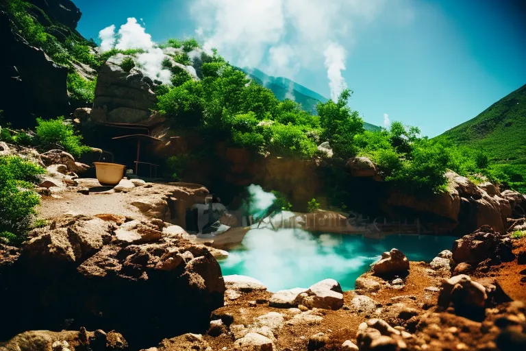 A photo of a steamy hot spring surrounded by lush greenery and rocky terrain, with a glimpse of a business meeting setup in the background.