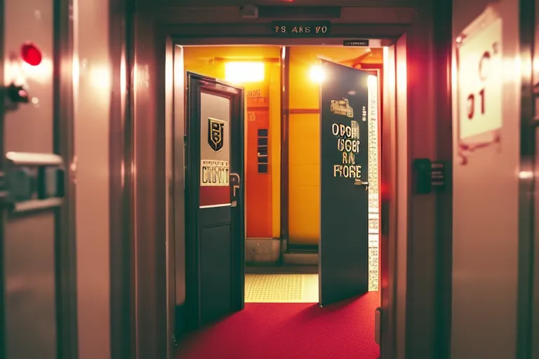 A photo of an open door leading to a colorful, vibrant space with various signs pointing to different activities and events.