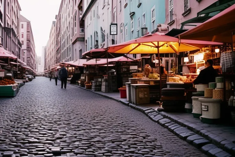 A photo of colorful buildings lining a cobblestone street with a quaint outdoor market in the foreground.
